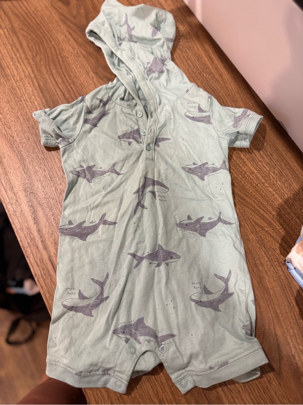 Mint Shark Print Hooded Baby Romper